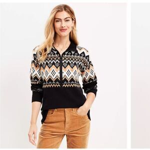 Ann Taylor Loft Black, Brown & White Fair Isle Half Zip Tunic Sweater Size L NWT